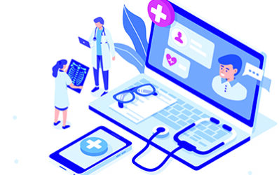 Illustration of tiny doctors standing next to a laptop and phone with health apps