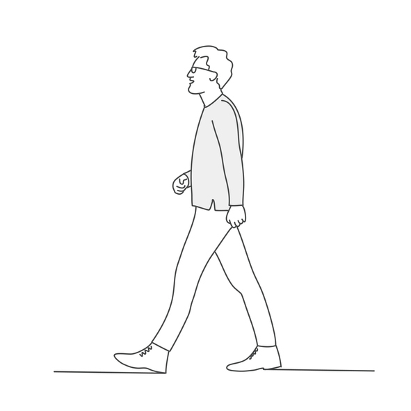 Walking older man with glasses.